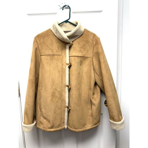 Talbots Faux Suede Sherpa Horn Toggle Coat Camel Tan Women’s L - Picture 1 of 8